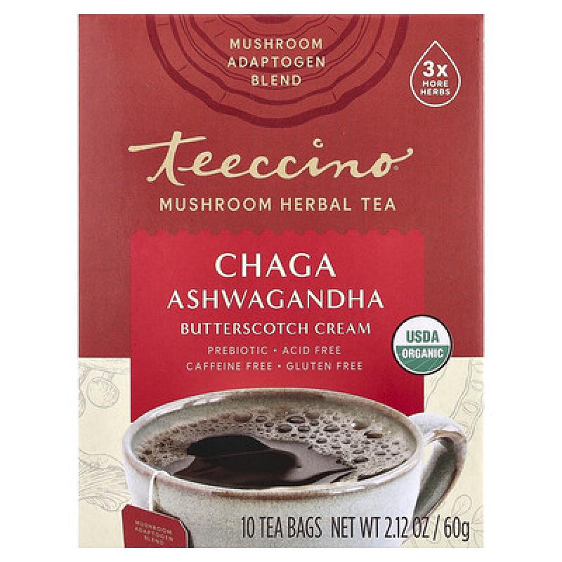Teeccino, Mushroom Herbal Tea, Chaga Ashwagandha, Butterscotch Cream, Caffeine Free, 10 Tea Bags, 2.12 oz (60 g)