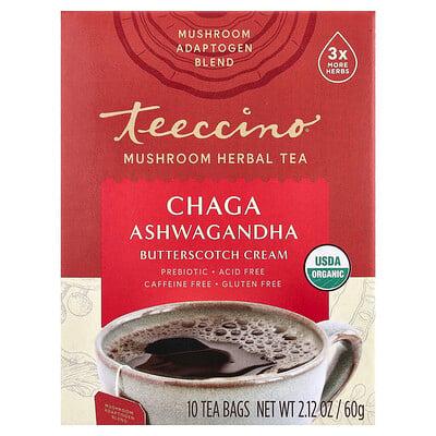 Teeccino, Mushroom Herbal Tea, Chaga Ashwagandha, Butterscotch Cream, Caffeine Free, 10 Tea Bags, 2.12 oz (60 g)