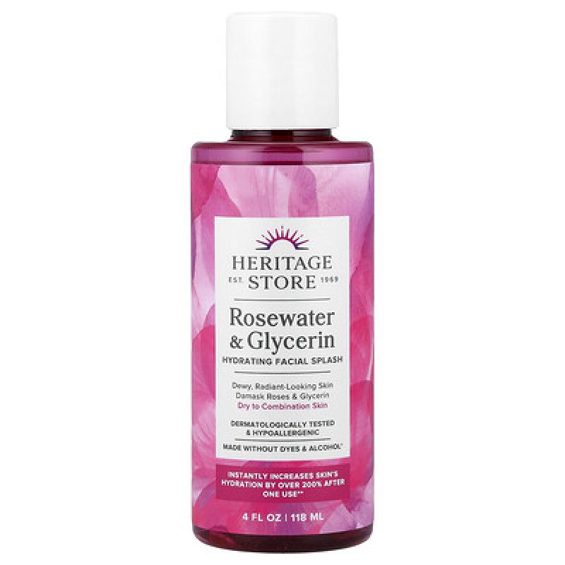 Heritage Store, Hydrating Facial Splash, Dry to Combination Skin, Rosewater & Glycerin, 4 fl oz (118 ml)
